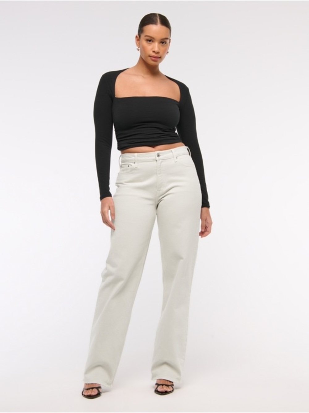 Abercrombie & Fitch Curve Love Baggy Lowrise Jeans in Cream Long